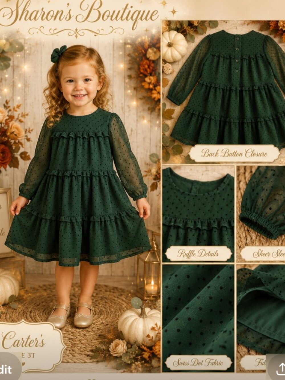 Carter's Toddler Girls 3T Emerald Green Swiss Dot Tiered Ruffle Long Sleeve Dres
